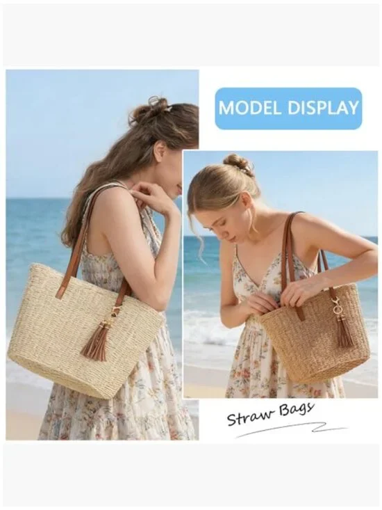 Large Straw Tote Bag with Tassel for Beach Travel Shoulder Handbag - Picture 3 of 7